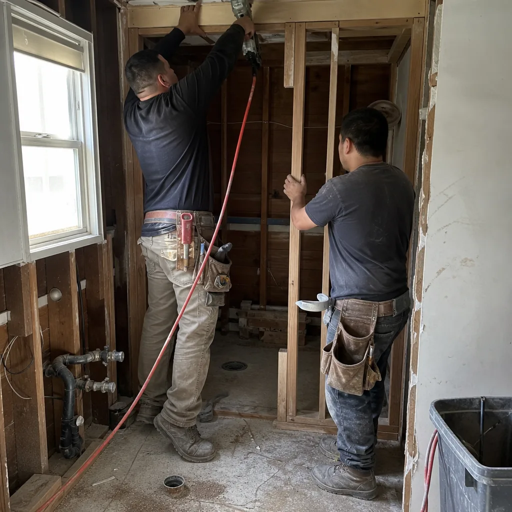 Two professional contractors framing a bathroom wall during a home renovation.