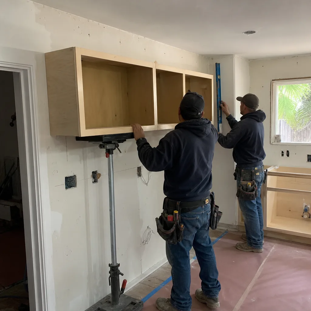 Two contractors installing wooden kitchen cabinets during a residential renovation project.