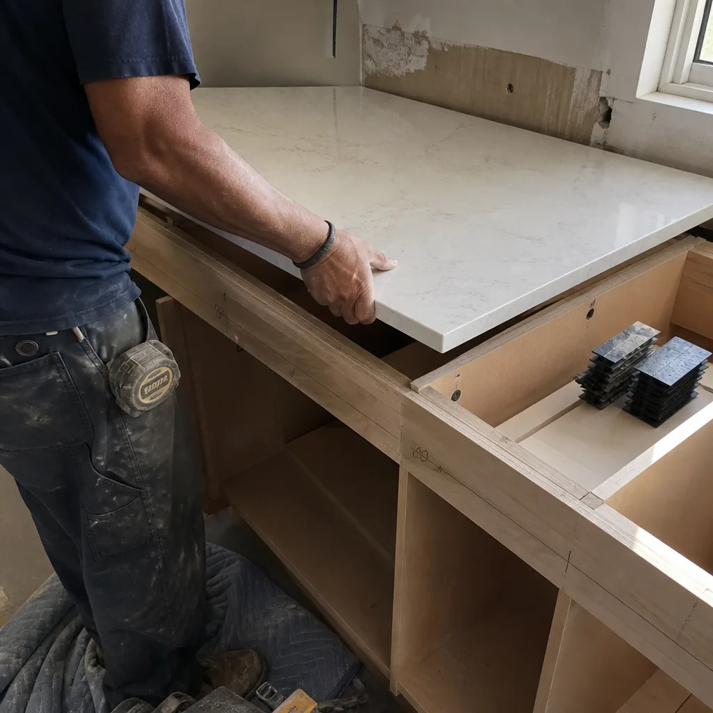 Professional contractor installing a marble kitchen countertop on new wooden cabinets.