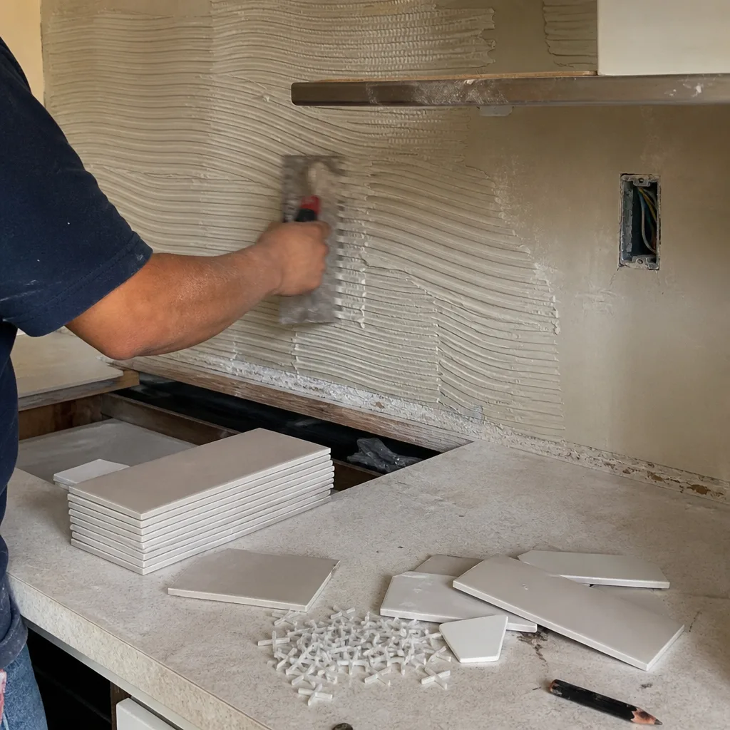 Professional contractor applying thin-set mortar to kitchen backsplash during home remodeling