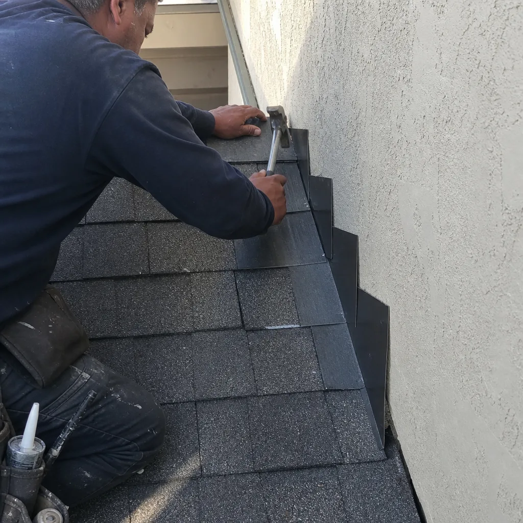 Professional roofer installing step flashing shingles on a residential roof