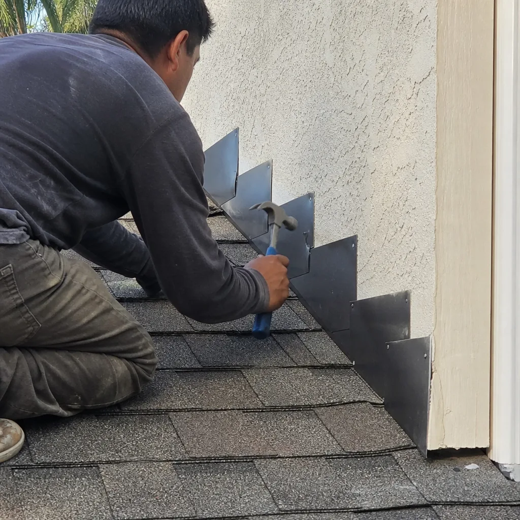 Professional roofer installing metal step flashing on a sloped shingle roof