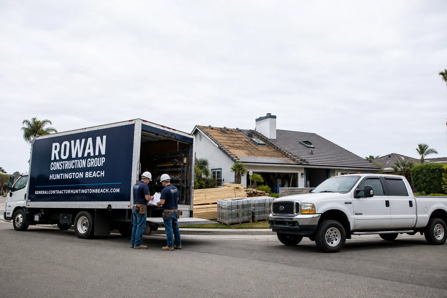 Rowan Construction Group Huntington Beach construction service vehicle and crew in Huntington Beach, CA